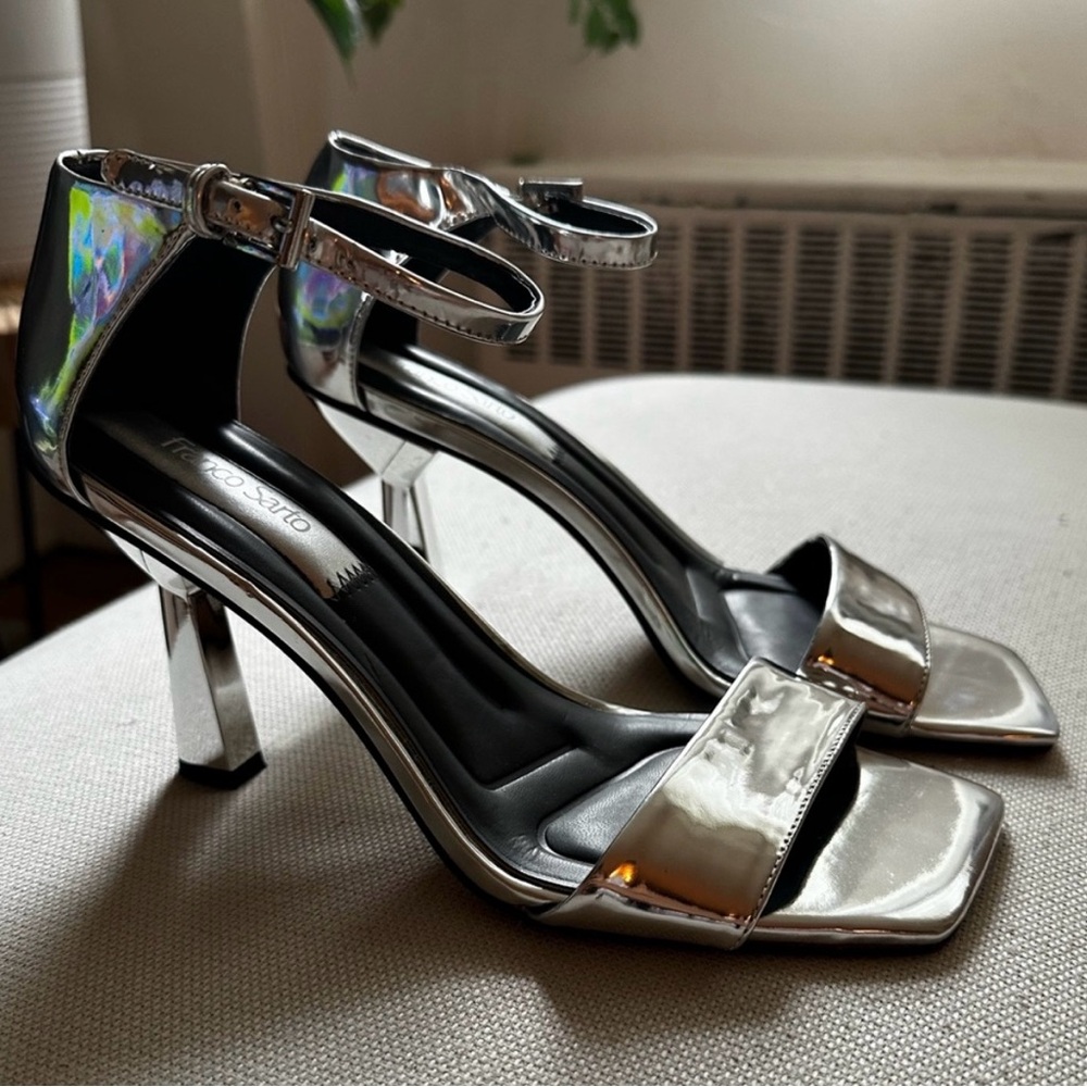 Franco Sarto Silver Ankle Strap Heels